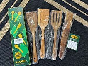 KAQISE Teak Wood 4-Piece Utensil 
Set w/ Slotted Spatula Turner Brown